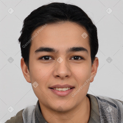 Joyful asian young-adult male with short  black hair and brown eyes