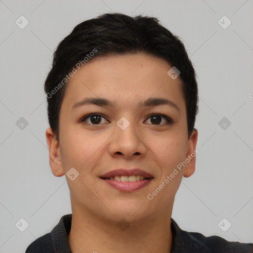 Joyful asian young-adult female with short  brown hair and brown eyes