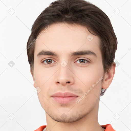 Neutral white young-adult male with short  brown hair and brown eyes