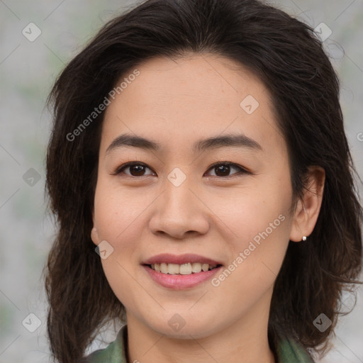 Joyful white young-adult female with medium  brown hair and brown eyes