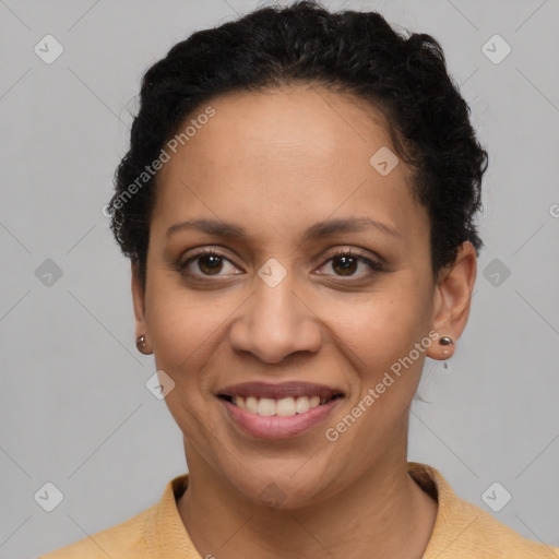 Joyful latino young-adult female with short  brown hair and brown eyes