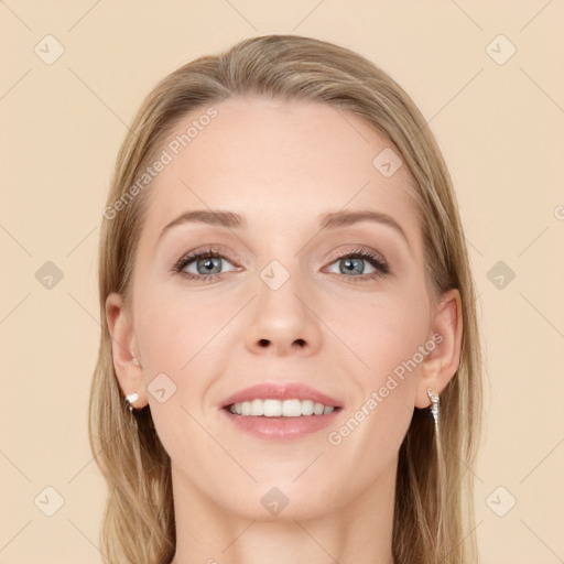 Joyful white young-adult female with long  brown hair and grey eyes