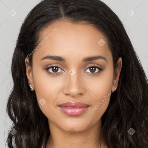 Joyful latino young-adult female with long  black hair and brown eyes