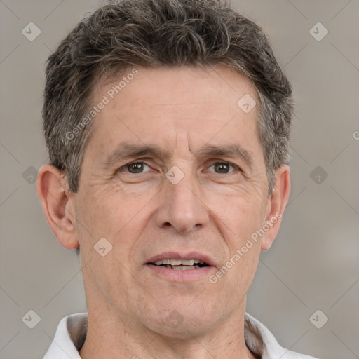 Joyful white middle-aged male with short  brown hair and brown eyes