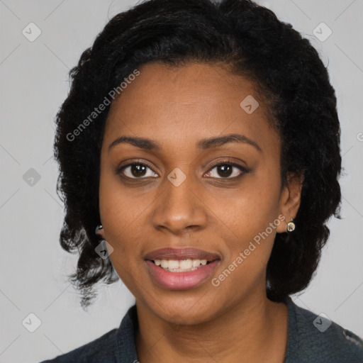 Joyful black young-adult female with medium  black hair and brown eyes