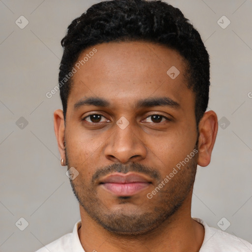 Neutral latino young-adult male with short  black hair and brown eyes