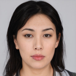 Neutral asian young-adult female with medium  black hair and brown eyes