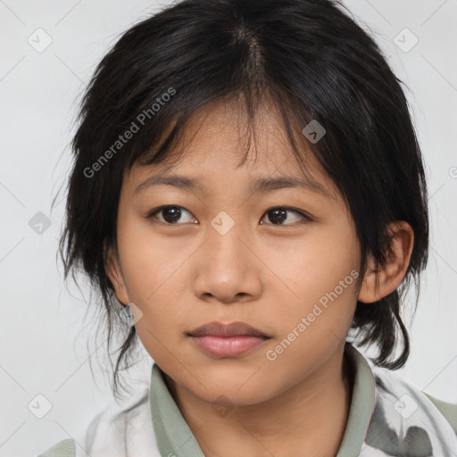 Neutral asian young-adult female with medium  brown hair and brown eyes