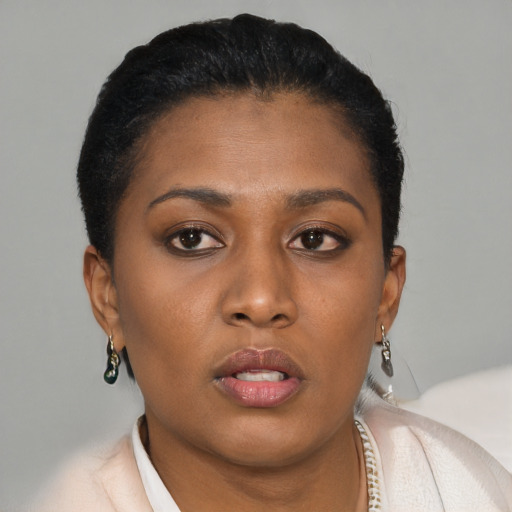 Neutral black young-adult female with short  brown hair and brown eyes