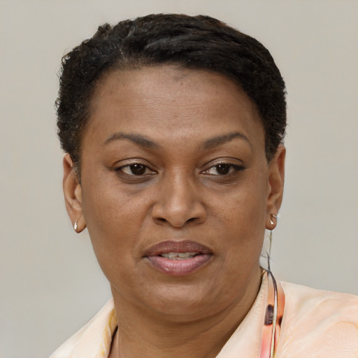 Joyful black adult female with short  brown hair and brown eyes