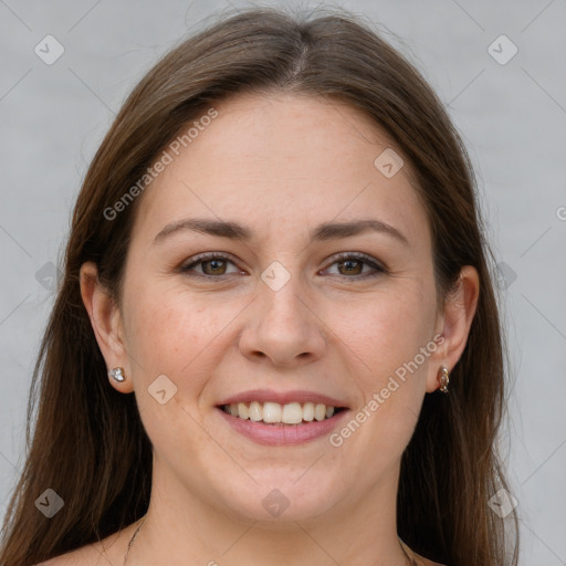 Joyful white young-adult female with long  brown hair and grey eyes