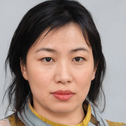 Neutral asian young-adult female with medium  brown hair and brown eyes
