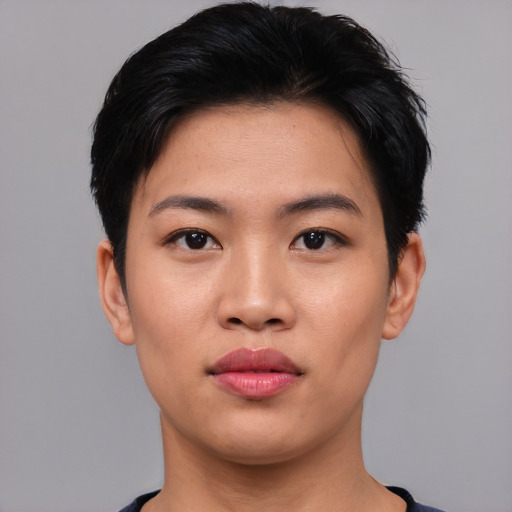 Neutral asian young-adult female with short  black hair and brown eyes