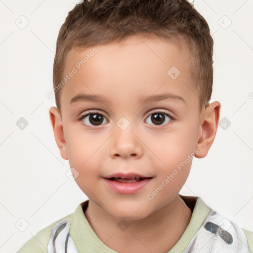 Joyful white child male with short  brown hair and brown eyes