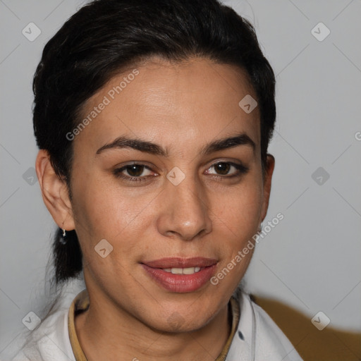 Joyful white young-adult female with medium  brown hair and brown eyes