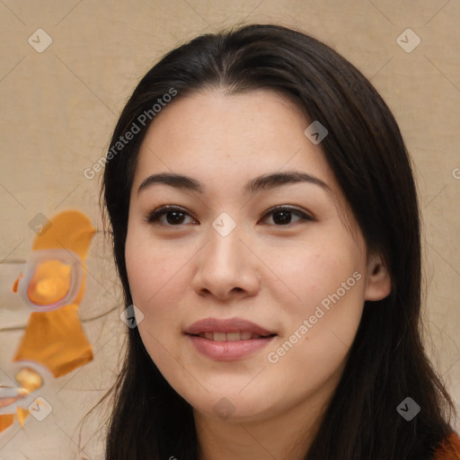 Joyful asian young-adult female with long  brown hair and brown eyes