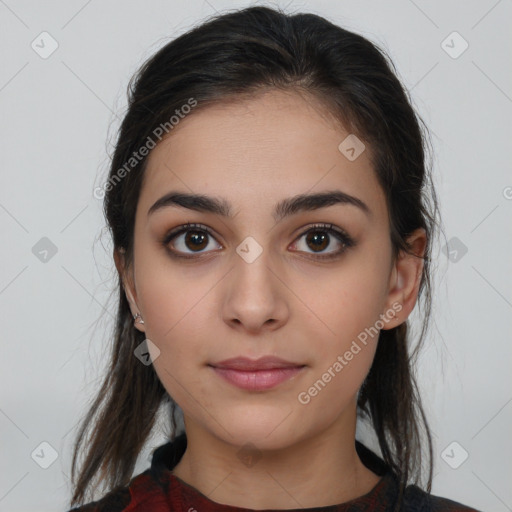 Neutral white young-adult female with medium  brown hair and brown eyes