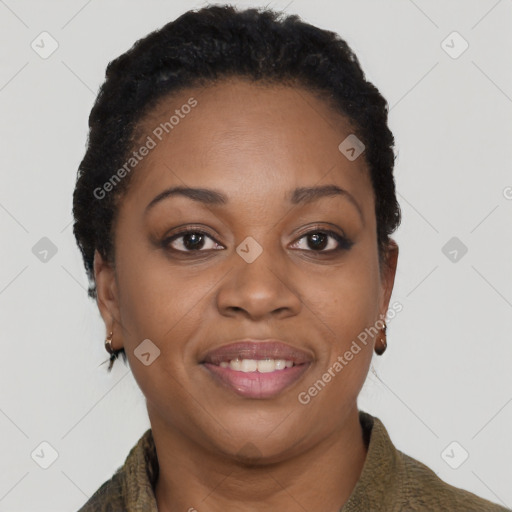 Joyful black young-adult female with short  brown hair and brown eyes