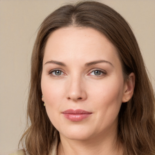 Neutral white young-adult female with long  brown hair and grey eyes