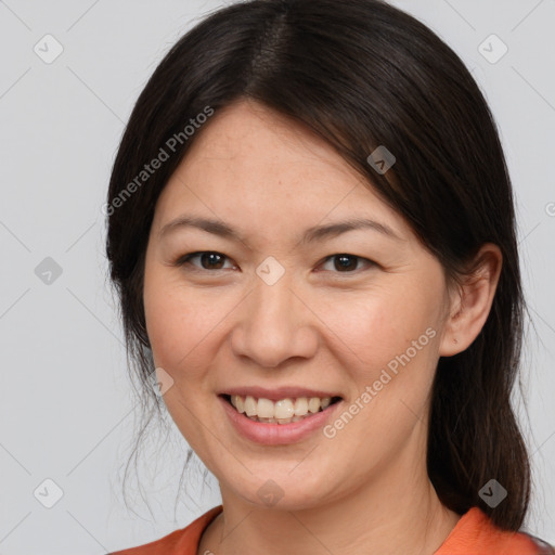 Joyful white young-adult female with medium  brown hair and brown eyes