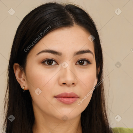 Neutral white young-adult female with long  brown hair and brown eyes