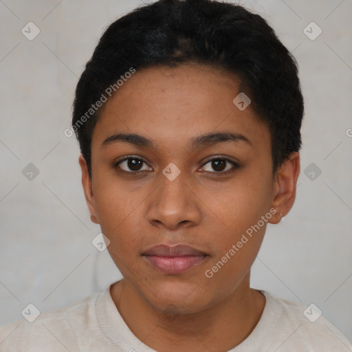 Neutral black young-adult female with short  black hair and brown eyes