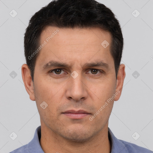 Neutral white adult male with short  brown hair and brown eyes