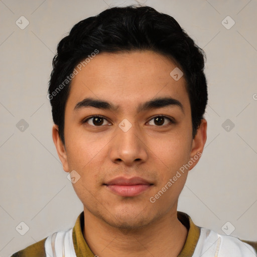 Neutral latino young-adult male with short  black hair and brown eyes