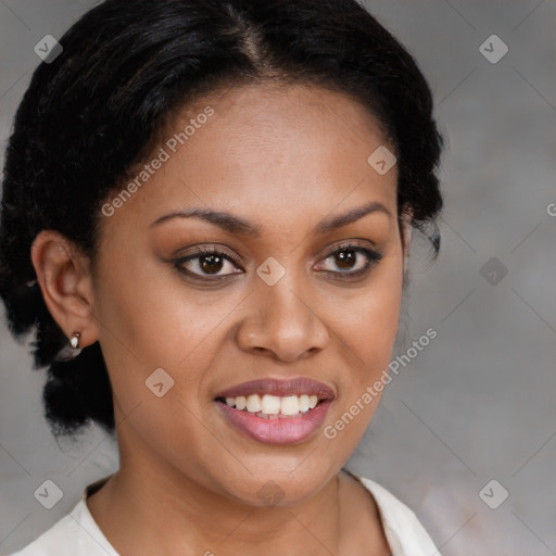 Joyful black young-adult female with medium  brown hair and brown eyes