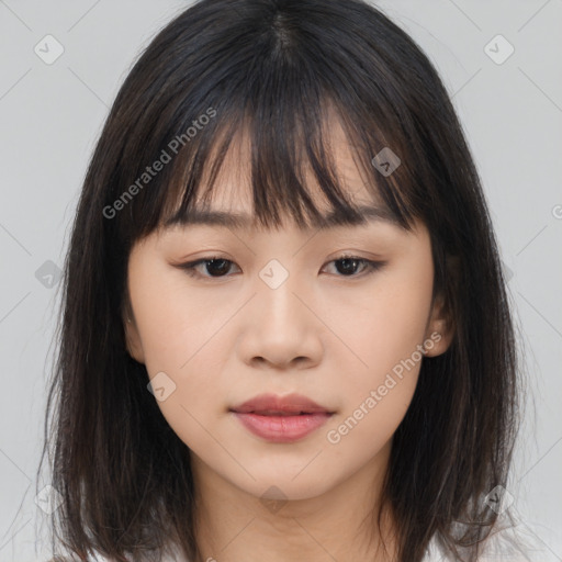 Neutral asian young-adult female with medium  brown hair and brown eyes