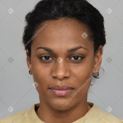 Neutral black young-adult female with short  black hair and brown eyes