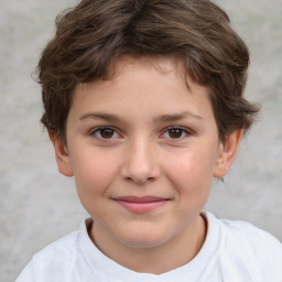 Joyful white child female with short  brown hair and brown eyes