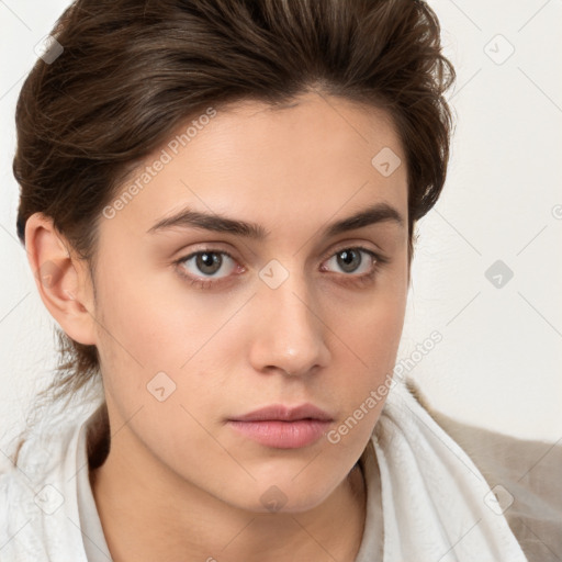 Neutral white young-adult female with medium  brown hair and brown eyes