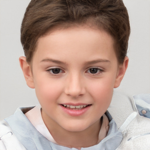 Joyful white child female with short  brown hair and brown eyes