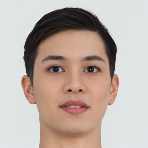 Neutral asian young-adult female with short  brown hair and brown eyes