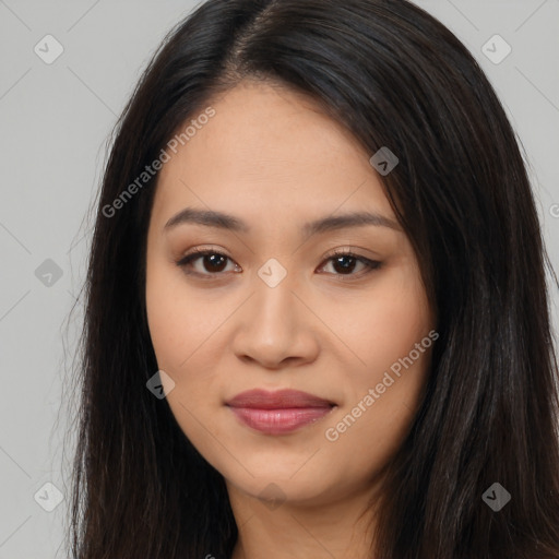 Joyful latino young-adult female with long  brown hair and brown eyes