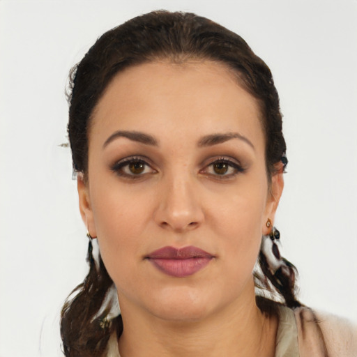 Neutral latino young-adult female with long  black hair and brown eyes