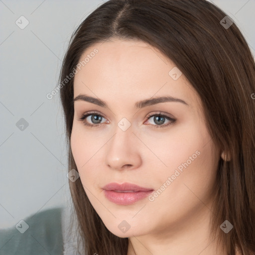 Neutral white young-adult female with long  brown hair and brown eyes