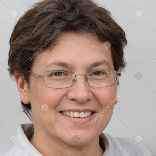 Joyful white adult female with short  brown hair and brown eyes