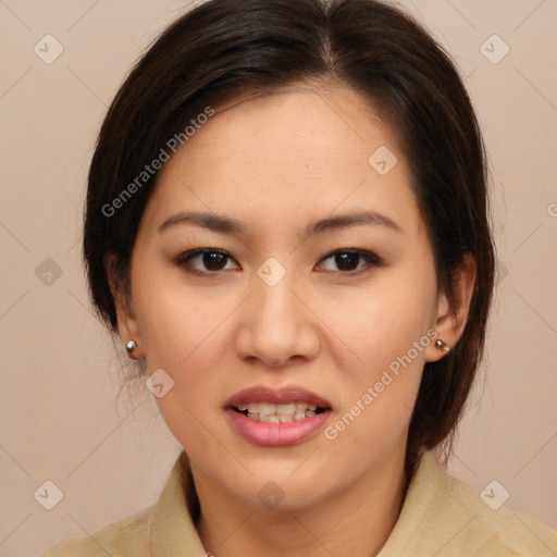 Joyful white young-adult female with medium  brown hair and brown eyes