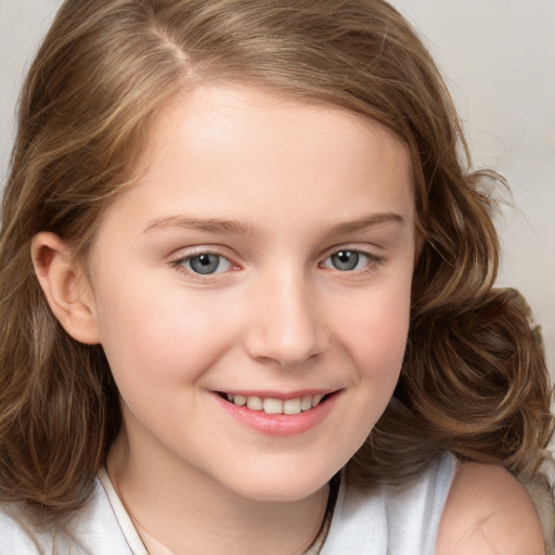 Joyful white child female with medium  brown hair and brown eyes