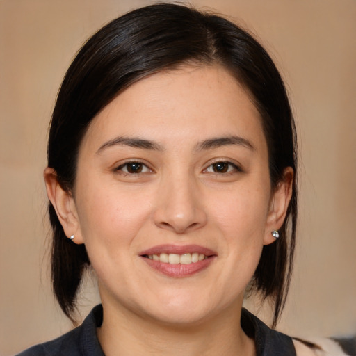 Joyful white young-adult female with medium  brown hair and brown eyes