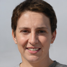 Joyful white adult female with short  brown hair and grey eyes