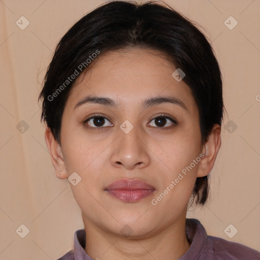 Joyful white young-adult female with medium  brown hair and brown eyes