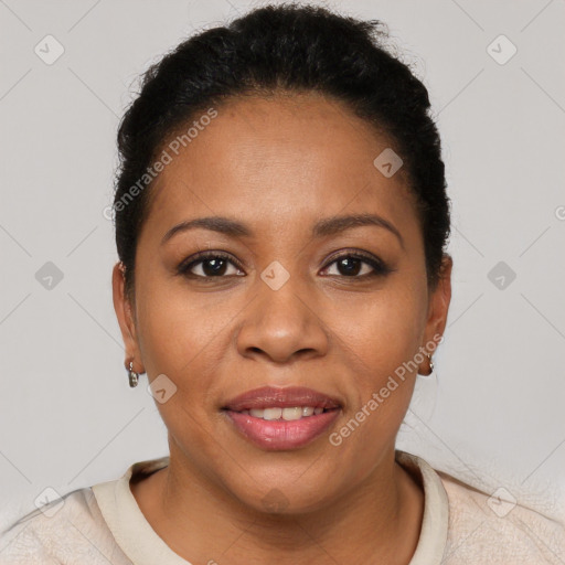 Joyful latino young-adult female with short  brown hair and brown eyes