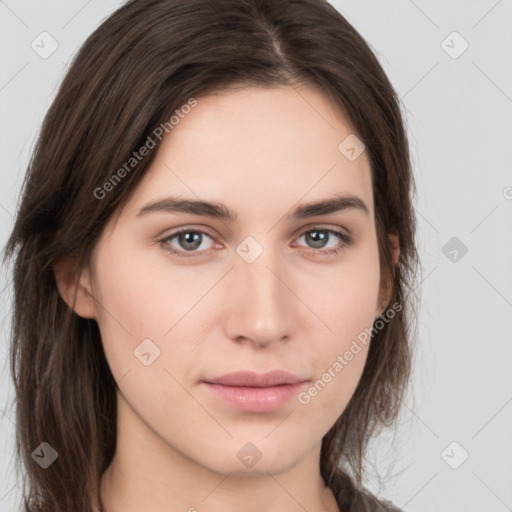 Neutral white young-adult female with medium  brown hair and brown eyes