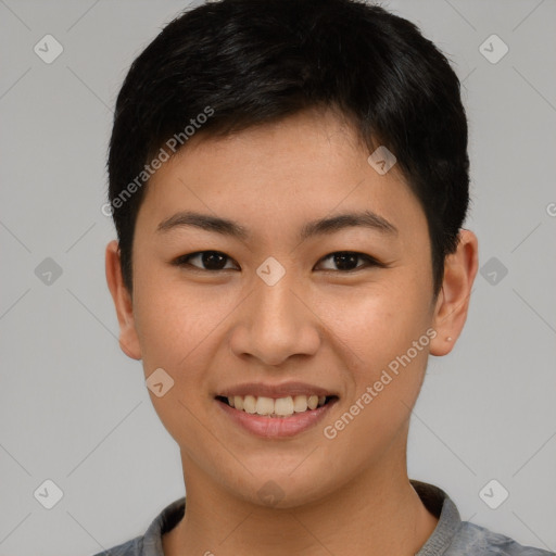 Joyful asian young-adult female with short  brown hair and brown eyes