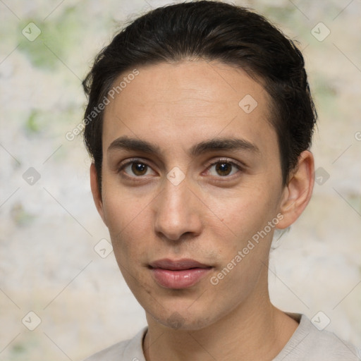 Neutral white young-adult male with short  brown hair and brown eyes