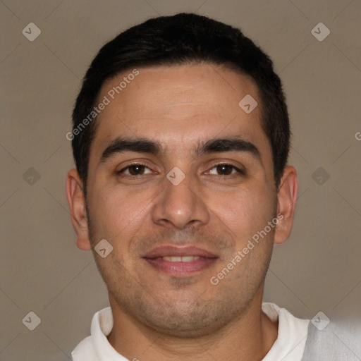 Joyful white young-adult male with short  black hair and brown eyes