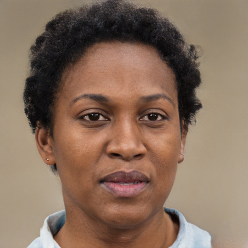 Neutral black adult female with short  black hair and brown eyes